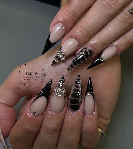 Black-tipped stilettos with gems